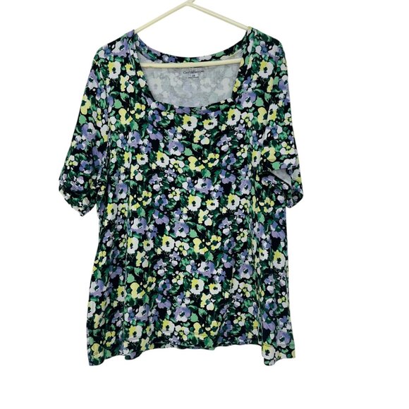 Croft & Barrow Womens Green Floral Square Neck Top SZ 2X Soft Stretchy Cotton - Picture 9 of 10